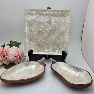 Vintage Capiz Shell Wood Bowls Fruit Shape with Capiz Square Tray